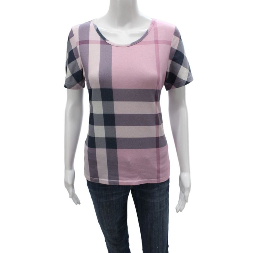 Burberry Women Pink Check Jersey T-Shirt Scoop Neck Short Sleeve Cotton Size L